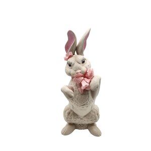 Vintage Ceramic Rabbit 1968 Pink ears eyelashes pink gingham bow